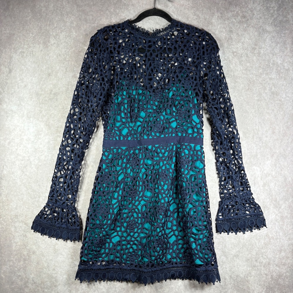 La Mason Talulah Roseate Long Sleeve Cocktail Dress Teal Navy Blue Overlay Small